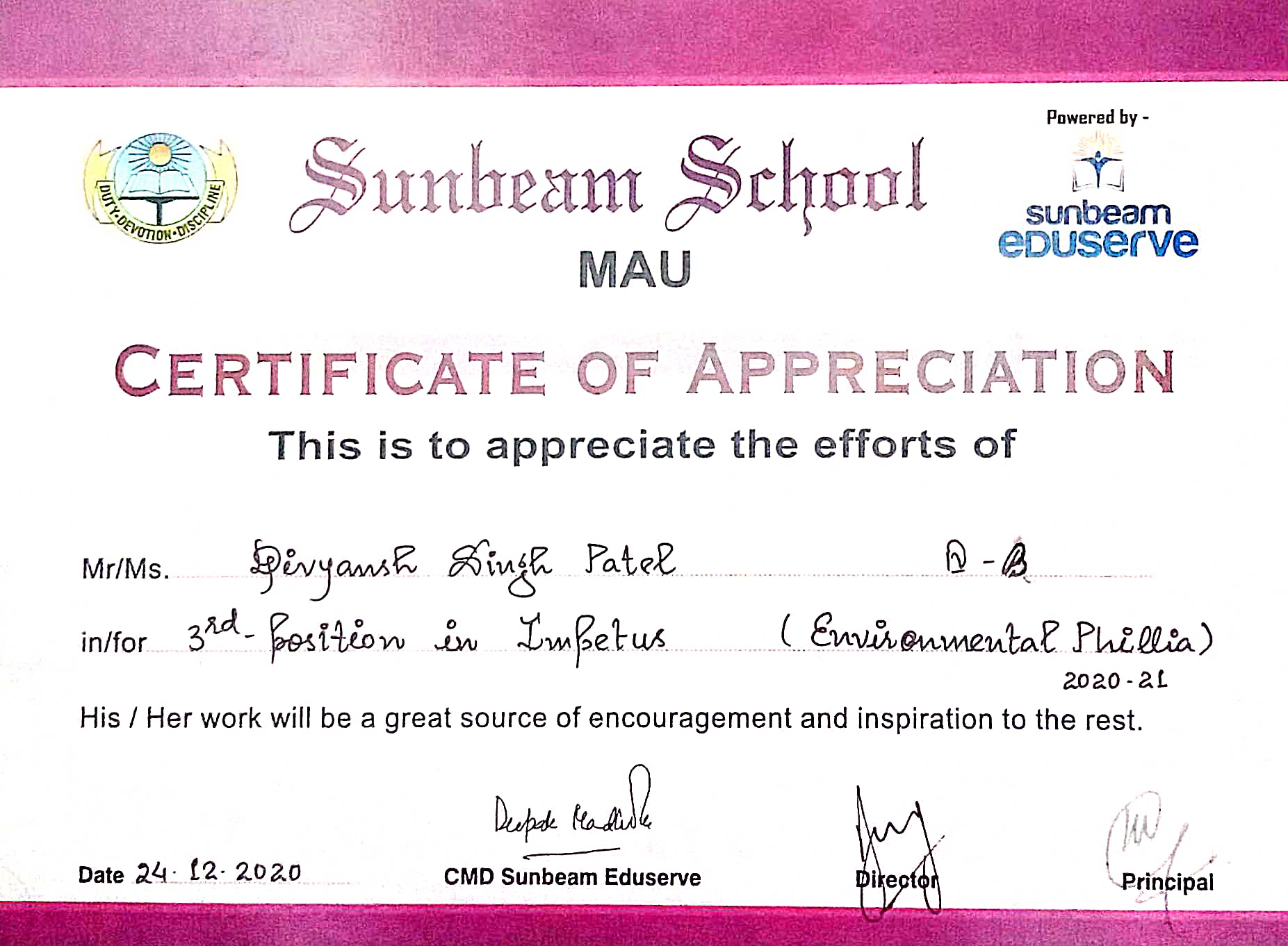 3rd Position in Impetus certificate