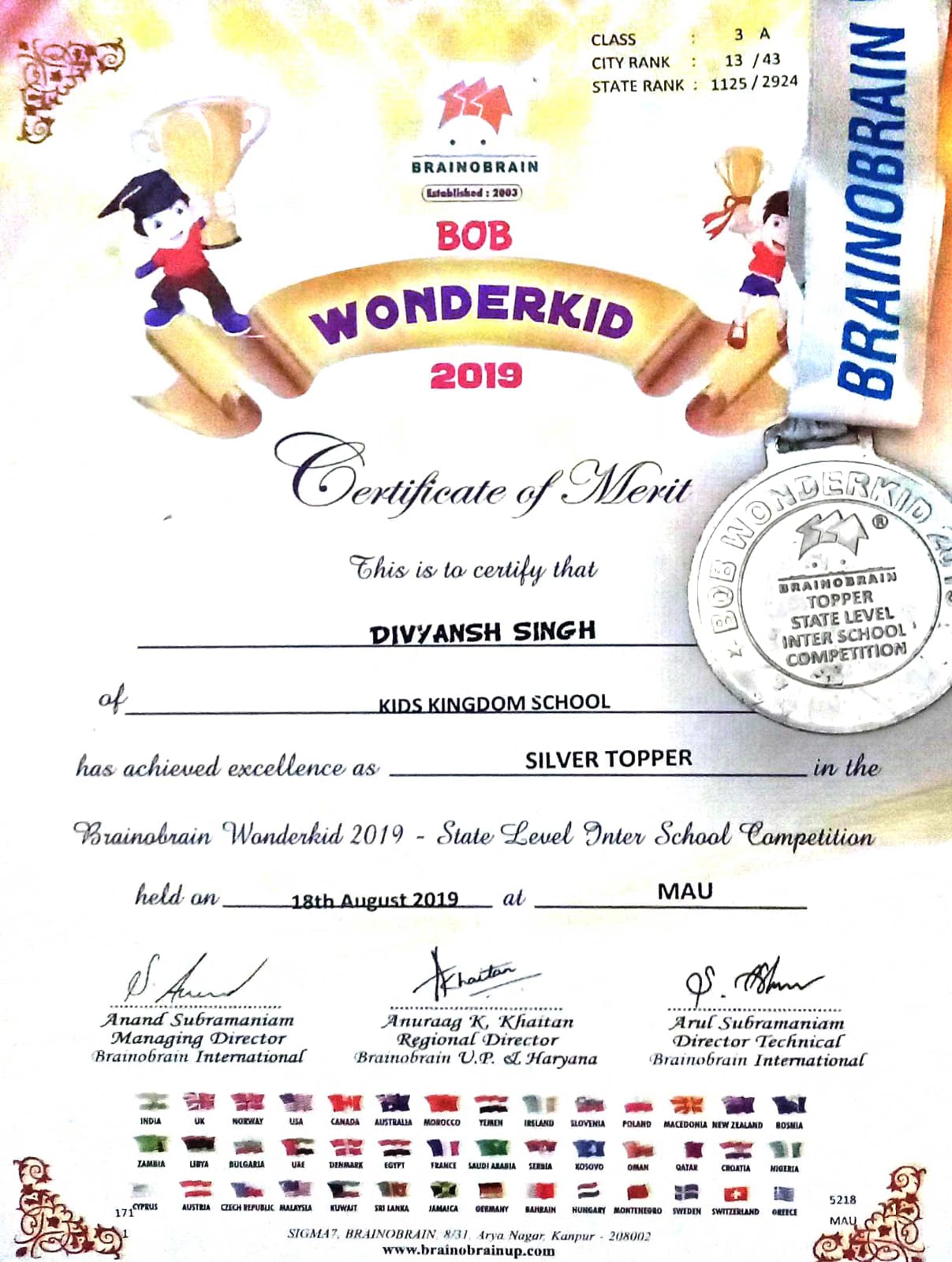 Brainobrain Wonderkid Silver Topper certificate