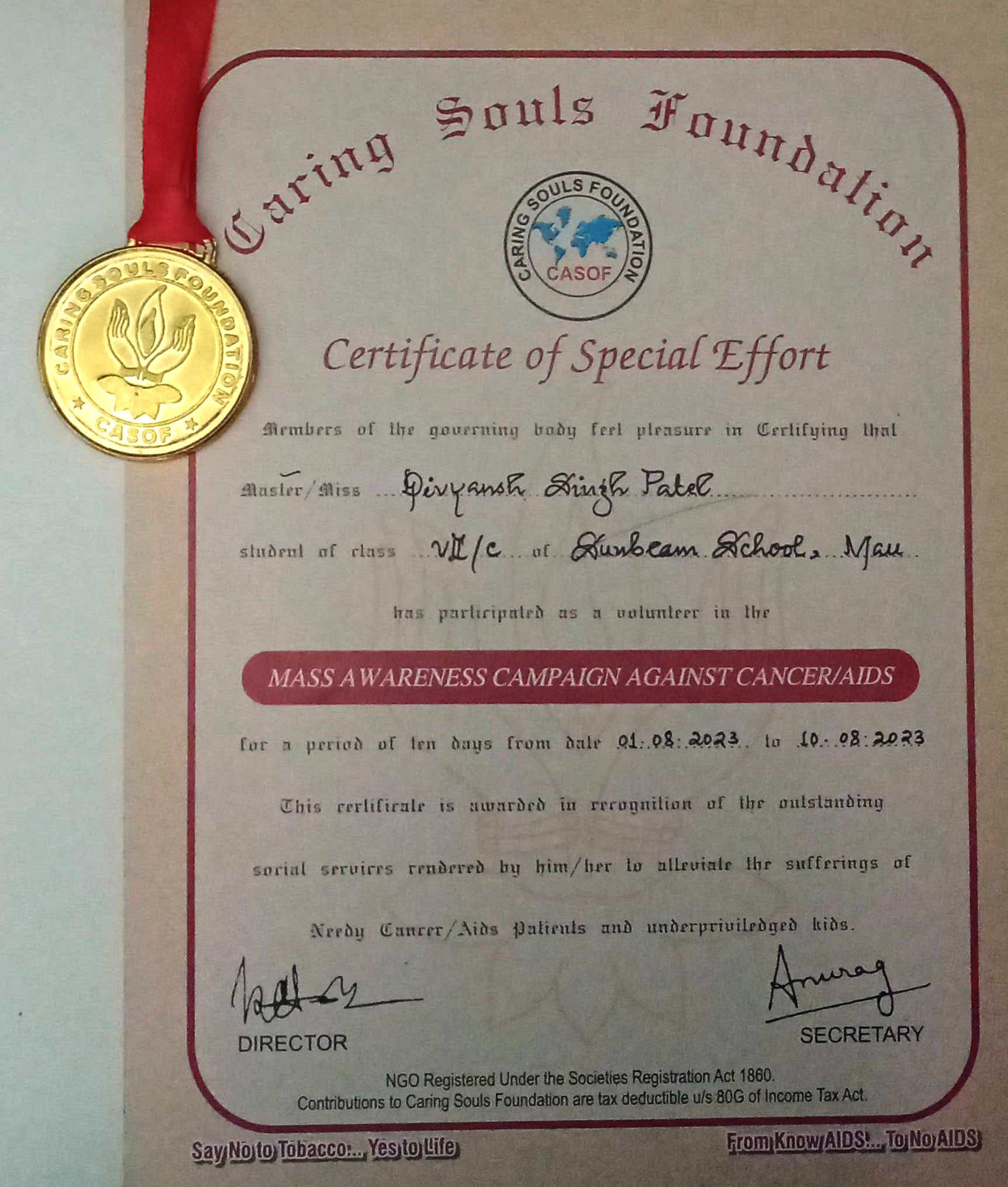 Mass Awareness Campaign certificate